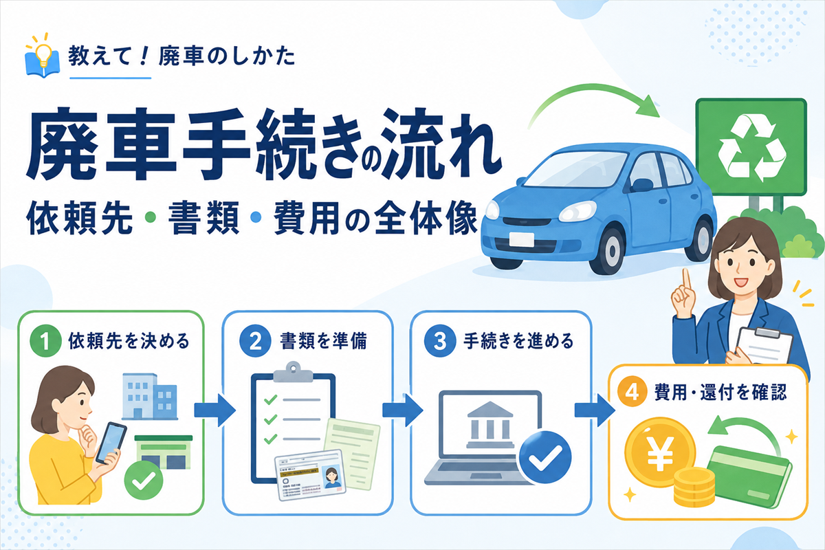 廃車手続きの流れを示す図解。依頼先を決める、書類を準備する、手続きを進める、費用と還付を確認するという4つのステップを順に並べている