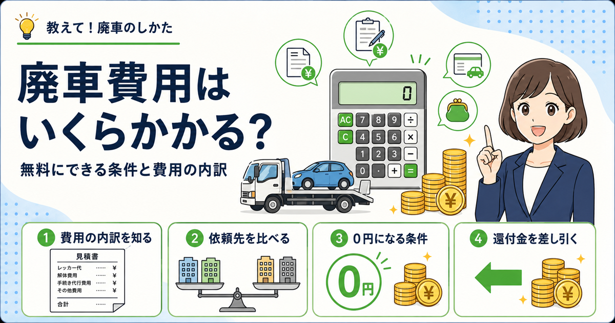 廃車費用の内訳と無料にできる条件を示す図解。0を表示した電卓と積載車に載る車、費用の内訳を知る、依頼先を比べる、0円になる条件、還付金を差し引くの4項目
