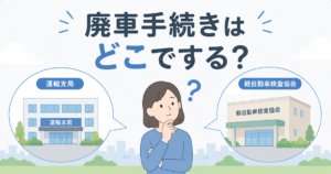 廃車手続きの窓口はどこかを示すイラスト。運輸支局と軽自動車検査協会の2つの建物を並べ、どちらへ行けばよいか迷っている女性