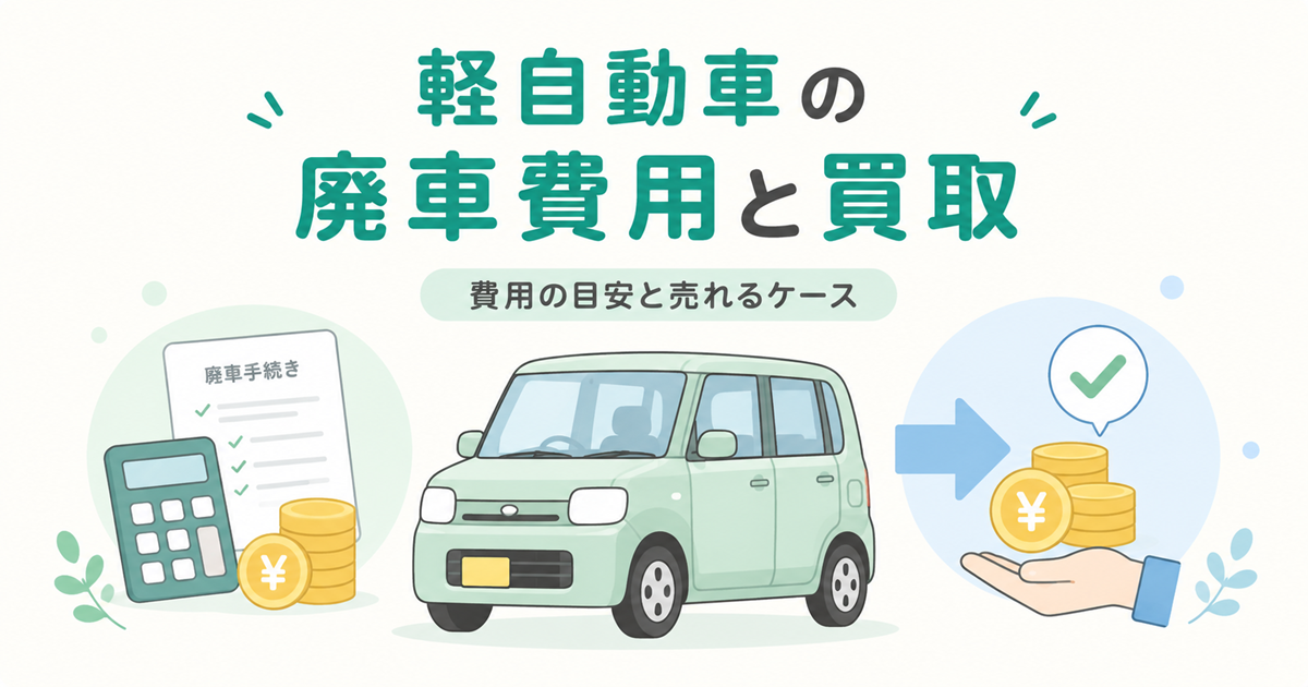 軽自動車の廃車費用と買取を示すイラスト。左に廃車手続きの書類と電卓、中央に軽自動車、右に買取金額を受け取る手を並べ、費用の目安と売れるケースを表している