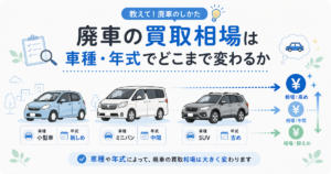 廃車の買取相場が車種と年式でどう変わるかの図解。小型車・ミニバン・SUVの3台を並べ、相場が高め・中間・抑えめに分かれる様子を示している