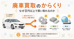 廃車買取が0円以上で成り立つ仕組みの図解。1台の車から、まだ使える部品、金属などの素材、海外への輸出という3つの価値に分かれる流れ