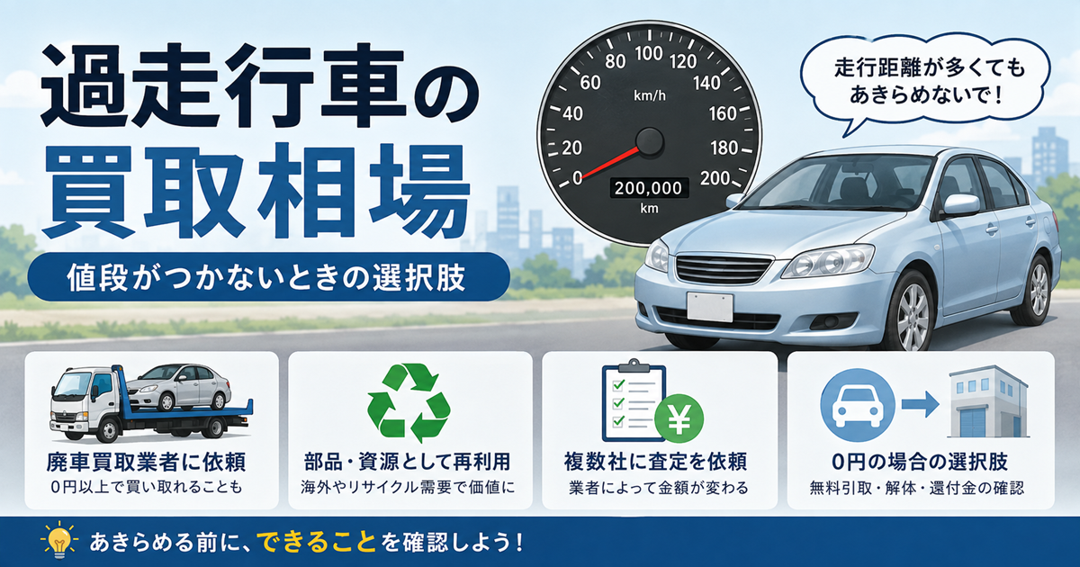 過走行車の買取相場を示す図解。20万キロを指すメーターと車、廃車買取業者への依頼、部品や資源としての再利用、複数社への査定依頼、0円の場合の選択肢